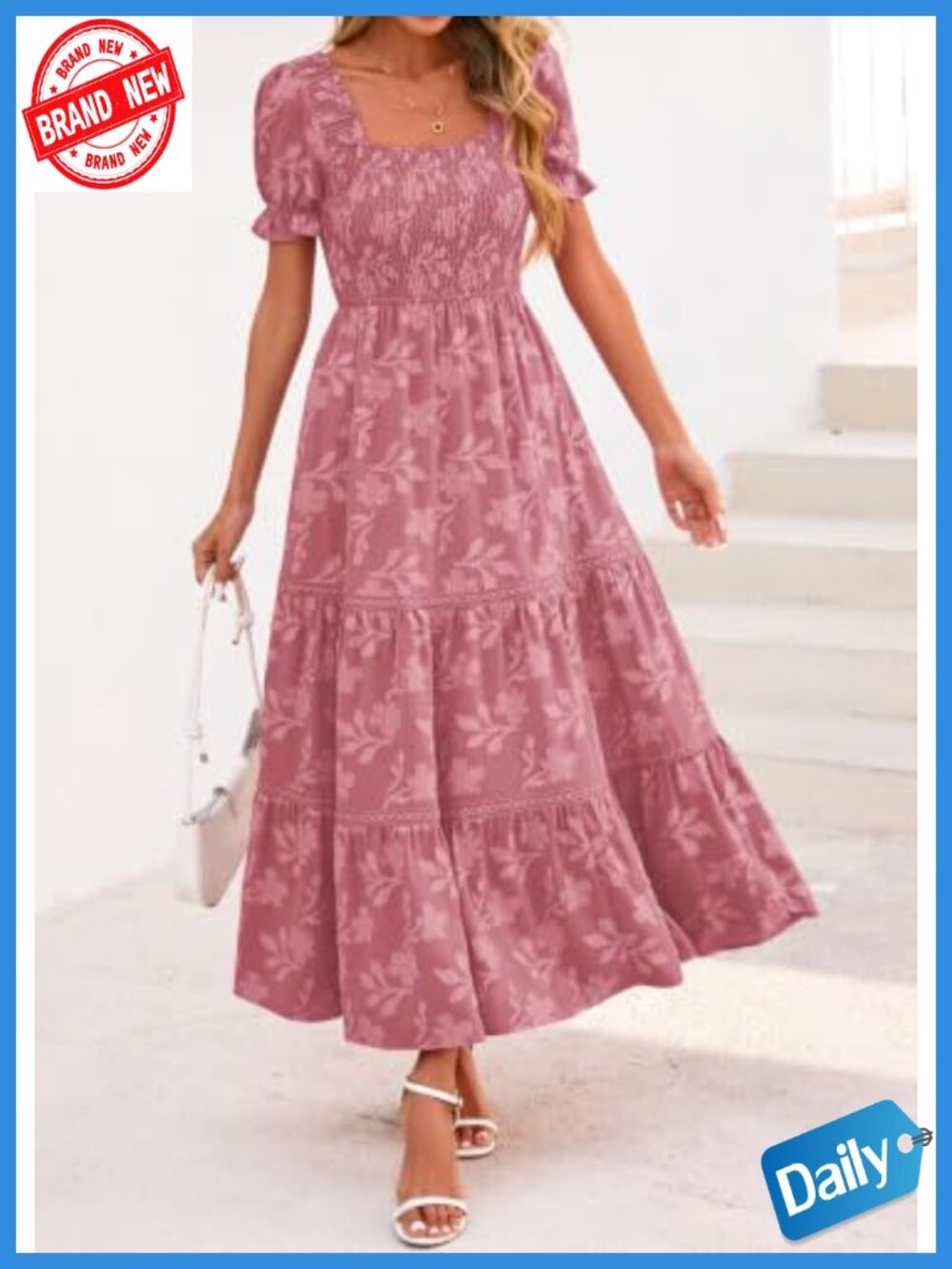 Women's Boho Floral Maxi Dress Square Neck Smocked Ruffle A-Line Short Sleeve - Picture 3 of 6